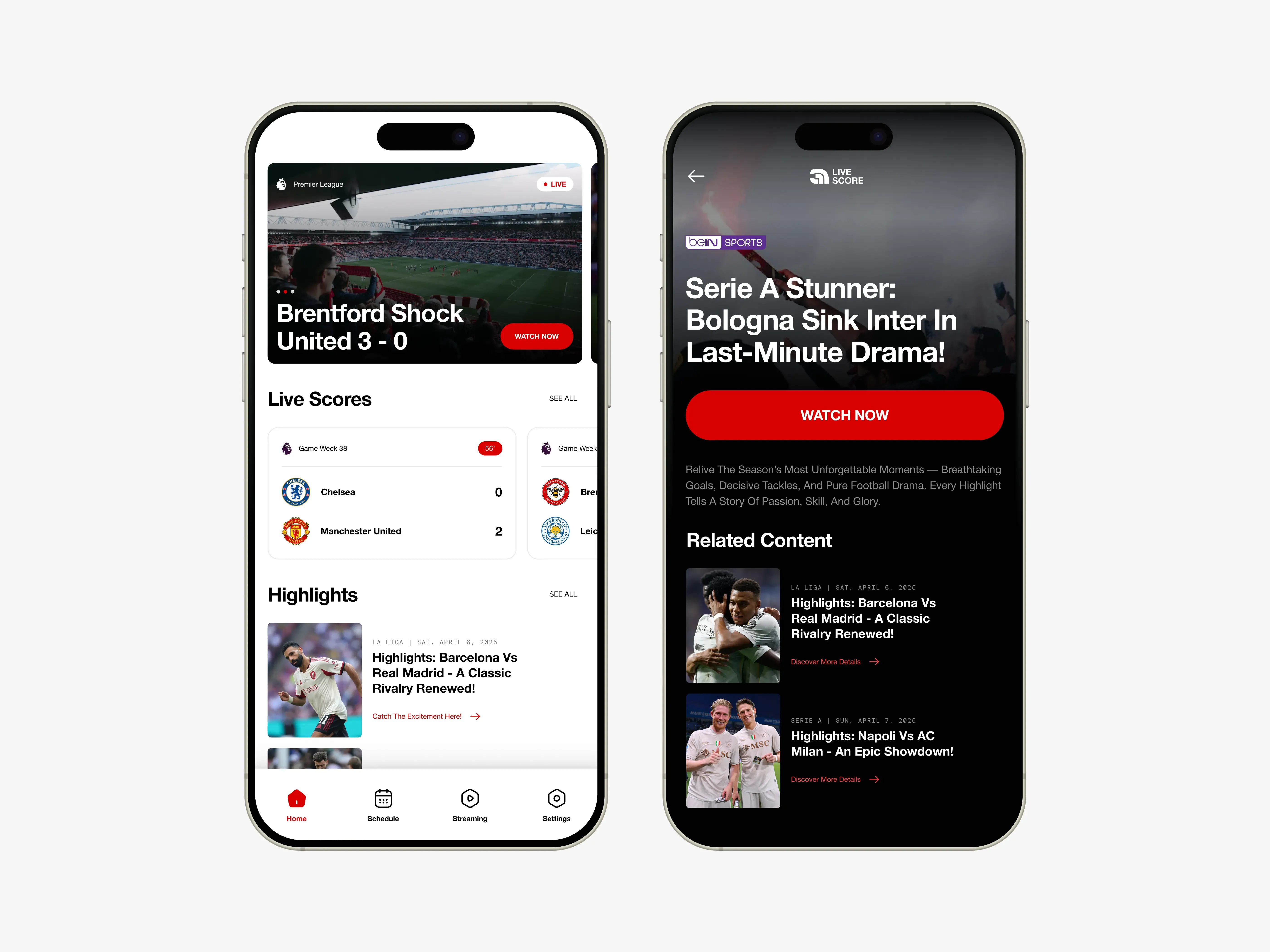 Sports editorial interface showing live scores and feature stories