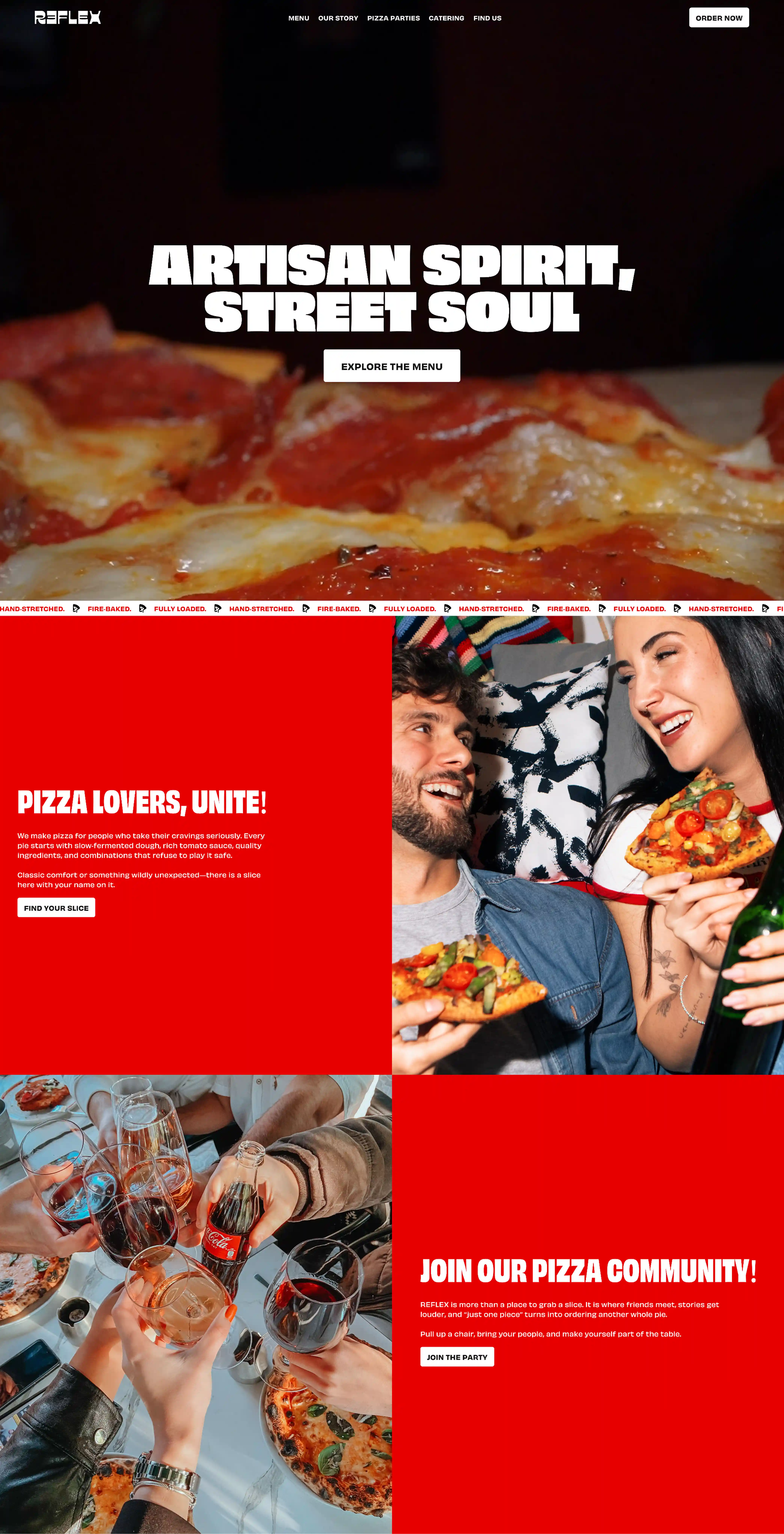 Responsive pizza ordering interface showing how the brand system becomes product UI