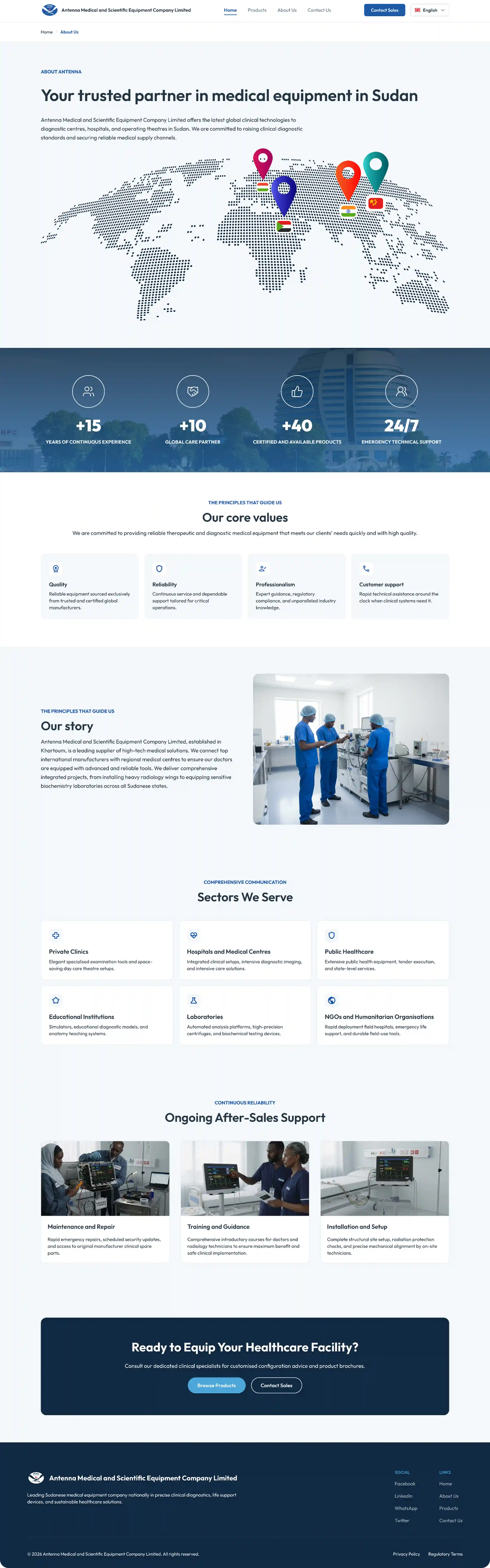 English medical equipment about page with left-to-right navigation and content flow