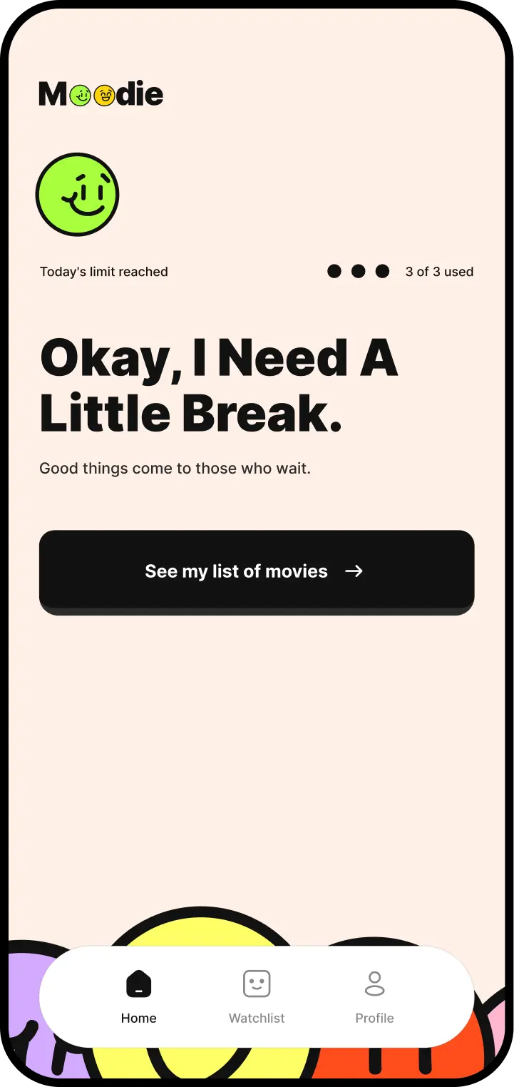 Moodie break screen showing a paused recommendation state