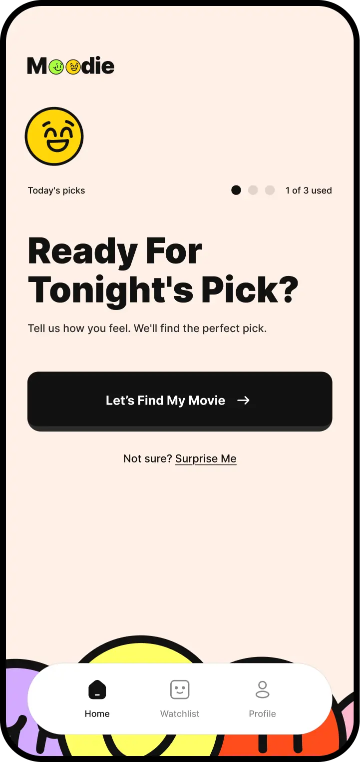 Moodie refinement screen with quick preference choices